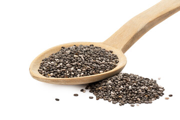 Close up of chia seeds on a wooden spoon with a pile next to it seen from front and isolated on white background
