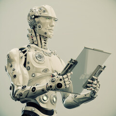 Stylish robot holds tablet 3d rendering. Smart cyborg man  in glasses with digital notepad gadget