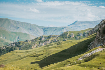 Obraz premium Beautiful landscape in the mountains at summer in daytime. Mountains at the sunset time. Azerbaijan, Caucasus. Khinalig