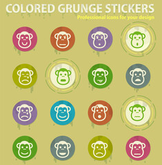 Monkey emotions colored grunge icons