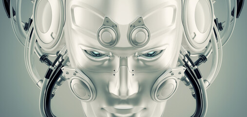 Robotic silver man's head mask, 3d closeup rendering of handsome cyborg face