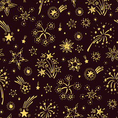 Holiday Wallpaper. Festive party background. Hand Drawn doodle Fireworks and Stars Seamless Pattern - Vector illustration © AllNikArt