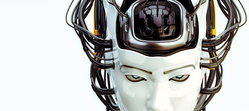 Futuristic wired head of beautiful geisha robotic woman 3d rendering