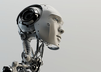 Stylish handsome cyborg head in profile / Futuristic man 3d rendering - obrazy, fototapety, plakaty
