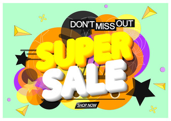 Super Sale, banner design template, discount tag, promotion don't miss out, vector illustration