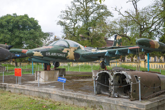 HUE, VIETNAM - JANUARY 08, 2016: Aircraft Cessna A-37 Dragonfly in the city museum on a cloudy day