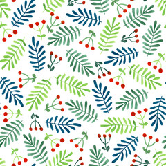 Watercolor seamless pattern with berries and branches. Hand drawing natural illustration in retro style. Endless print for wallpaper, wrapping paper, surface design, textile