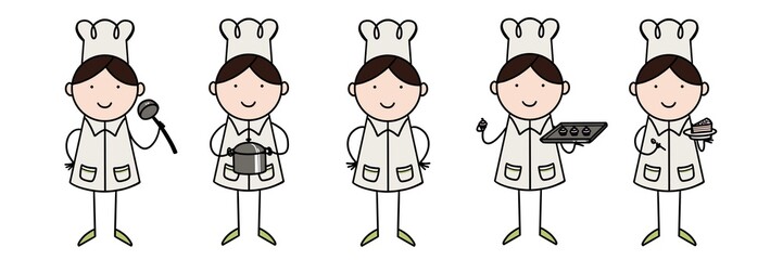 Set with cute cartoon men as chefs. Chef with plate, spoon, wearing cook hat.