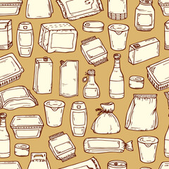 Product packaging Vector Seamless Pattern. Food and drink Packing. Hand Drawn doodle: cans and bottles, plastic boxes, cardboard and paper package blank objects