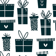 Vector seamless pattern with gifts in flat style. Black and white holiday illustration for textile, packaging, wrapping paper, surface design