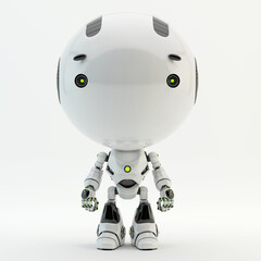 Cute little robotic character with round glossy head and two little camera eyes, 3d rendering