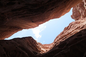 Bottom view of sunny blue sky through canyon rocks. in Zhangye, Gansu province China.