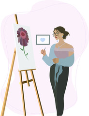 vector illustration fashion young artist designer woman girl drawing paint flower modern art people heart in the frame on the wall wooden easel