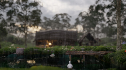 Fototapeta na wymiar Pond by the Cottage on a Rainy Day 3D Rendering