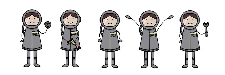 Astronaut cosmonaut cute cartoon character mascot set with space suit.