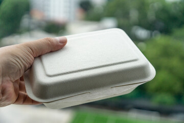 natural plant fiber food box on blur background. Natural fiber eco food box.