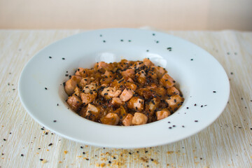 Fresh tuna with onions, soybeans and chia seeds