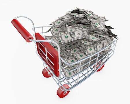 Shopping cart full of money us dollars 3d rendering