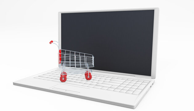Shopping Cart on a laptop online shopping concept 3d rendering