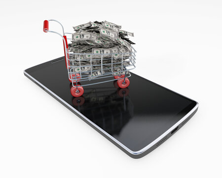 Shopping Cart on a mobile phone full of money 3d rendering
