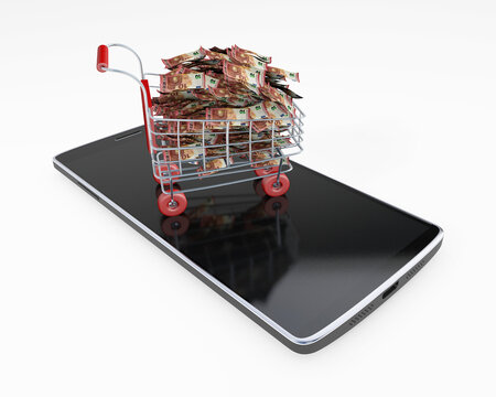 Shopping Cart on a phone full of money euros 3d rendering