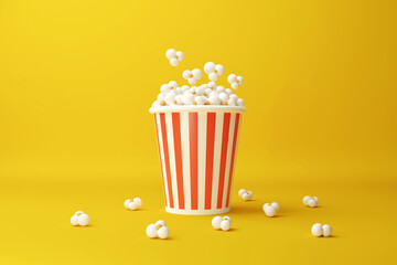popcorn bucket on yellow background. movie snack. cinema concept. 3d rendering illustration. - obrazy, fototapety, plakaty