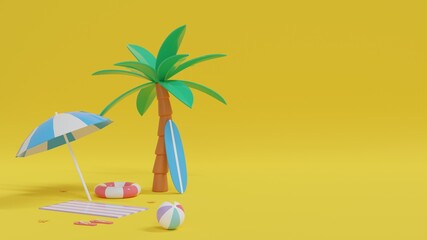 hello summer with beach landscape on yellow background. 3d rendering illustration.