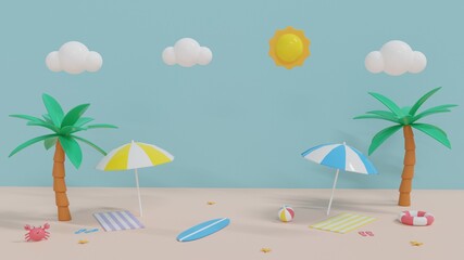 hello summer with beach landscape and sand on pastel blue background. 3d rendering illustration.