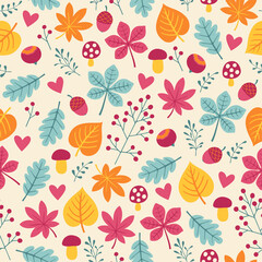 Autumn colorful seamless pattern with leaves, hazelnuts, mushrooms and acorns