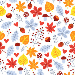 Autumn colorful seamless pattern with leaves, hazelnuts, mushrooms and acorns
