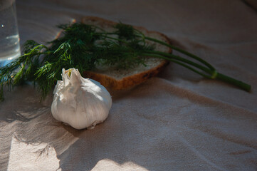 The head of garlic starting to sprout next to a piece of bread on which a sprig of dill lies. Still life lies on a sand-colored linen fabric