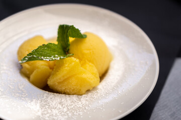 Tangerine sorbet decorated with mint served on white plate