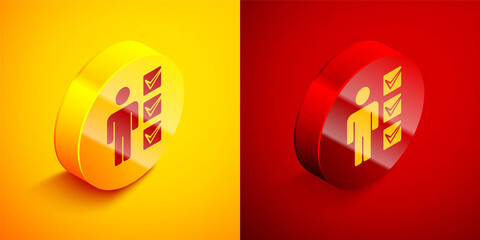 Isometric User of man in business suit icon isolated on orange and red background. Business avatar symbol user profile icon. Male user sign. Circle button. Vector.