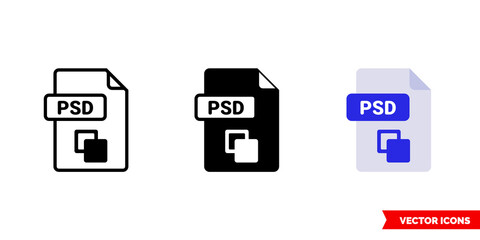 PSD file icon of 3 types. Isolated vector sign symbol.