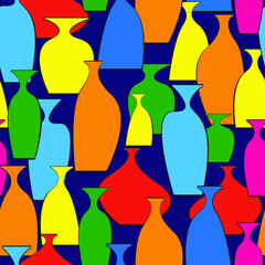 Seamless vector pattern of multicolored bottles on a blue background.  - 362389509