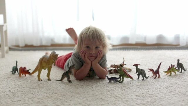 Blond toddler child, playing with dinosaurs at home, nice soft back light