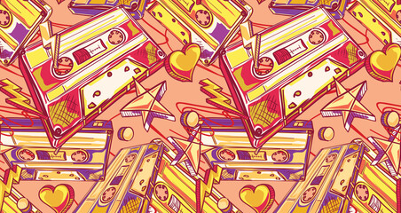 Funky drawn audio cassettes colorful seamless pattern
