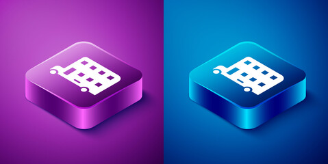 Isometric Double decker bus icon isolated on blue and purple background. London classic passenger bus. Public transportation symbol. Square button. Vector.