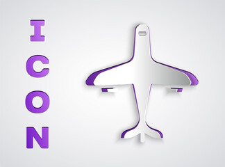 Fototapeta premium Paper cut Plane icon isolated on grey background. Flying airplane icon. Airliner sign. Paper art style. Vector.