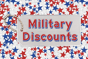 Military Discounts word message on silver ID tag on red, white and blue