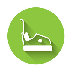 Fototapeta premium White Bumper car icon isolated with long shadow. Amusement park. Childrens entertainment playground, recreation park. Green circle button. Vector.