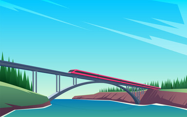 Travel by train concept. Train rides over the bridge. The bridge across the river