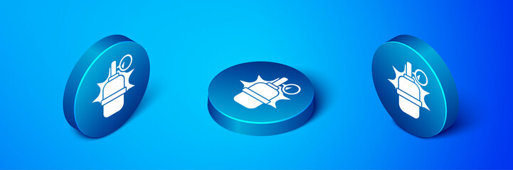 Isometric Hand grenade icon isolated on blue background. Bomb explosion. Blue circle button. Vector.