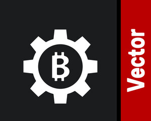 White Cryptocurrency coin Bitcoin icon isolated on black background. Gear and Bitcoin setting. Blockchain based secure crypto currency. Vector.