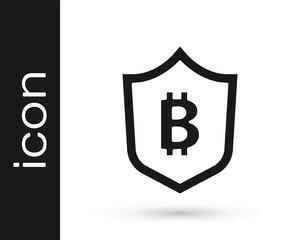 Black Shield with bitcoin icon isolated on white background. Cryptocurrency mining, blockchain technology, security, protect, digital money. Vector.