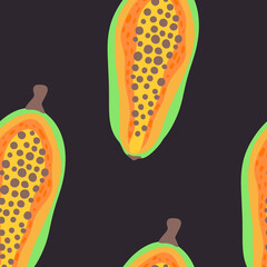 Exotic fruit pattern. Vector seamless background made in funny doodle style. Clipart food elements. Hand painted elements.