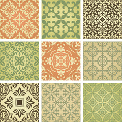 Collection of 9 colorful tile with Islam, Arabic, Indian, Ottoman motifs. Majolica pottery tile. Portuguese and Spain azulejo. Ceramic tiles.  Damask wallpaper. Vector illustration
