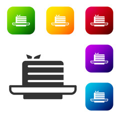 Black Medovik icon isolated on white background. Honey layered cake or russian cake Medovik on plate. Set icons in color square buttons. Vector.