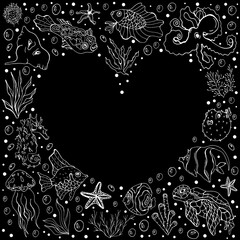 Marine life.  Postcard. Vector isolated illustration with a set of marine life. Sea fish, seaweed, turtle, octopus on a black background. Design of postcards and banners. Cafe menu design.  