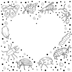 Set with insects. Printing on paper. Vector isolated illustration with insect. Doodle style. Butterfly, ant, beetle, ladybug, caterpillar, bee on a white background. Design for biology books. Insects.
